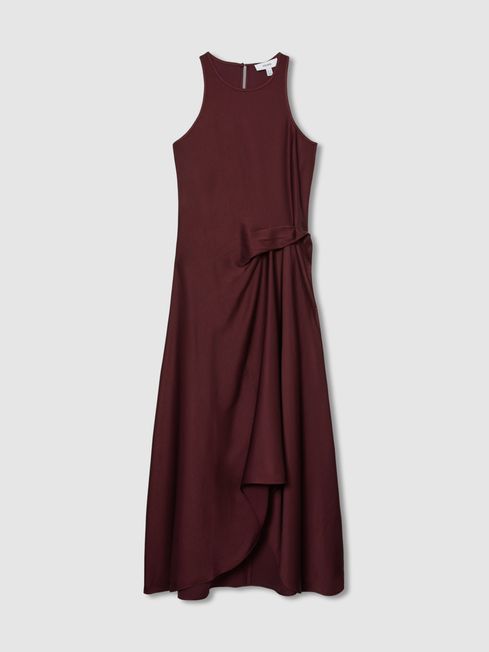 Reiss Burgundy Micah Petite Satin Drape Tuck Midi Dress