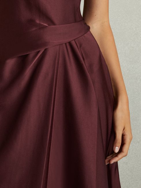 Reiss Burgundy Micah Petite Satin Drape Tuck Midi Dress