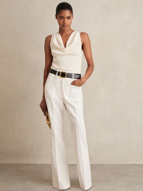 Reiss Cream Priya Petite Twill High Rise Flared Trousers