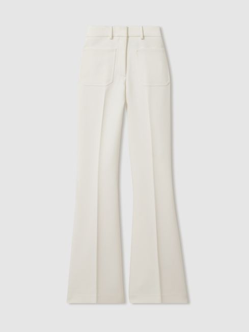 Reiss Cream Priya Petite Twill High Rise Flared Trousers