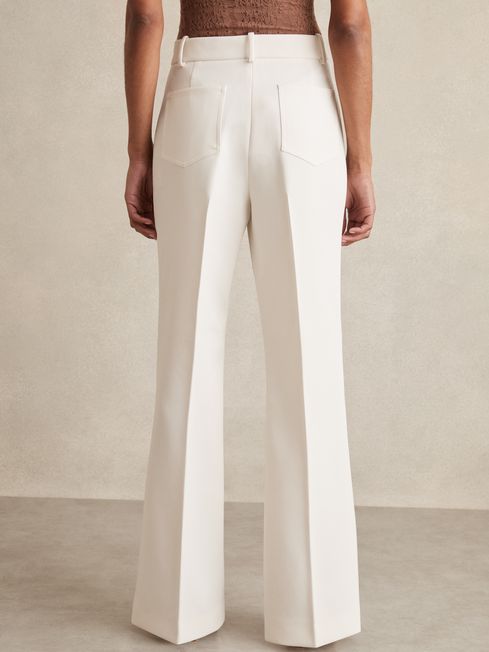 Reiss Cream Priya Petite Twill High Rise Flared Trousers