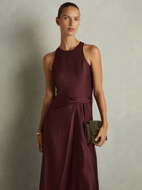 Reiss Burgundy Micah Satin Drape Tuck Midi Dress