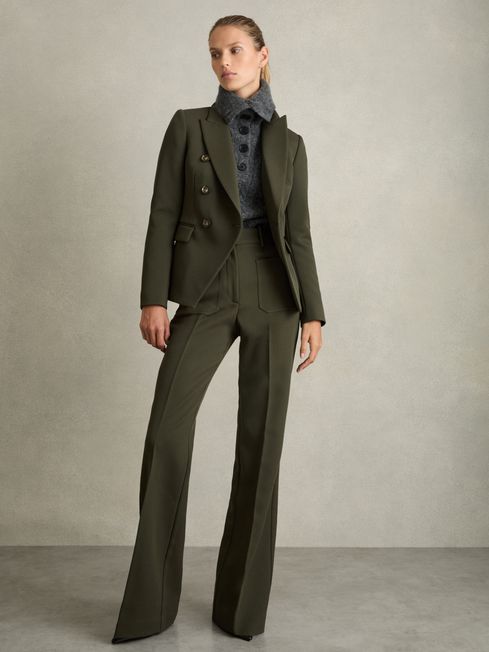 Reiss Green Priya Petite Twill High-Rise Flared Trousers