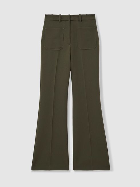 Reiss Green Priya Petite Twill High Rise Flared Trousers