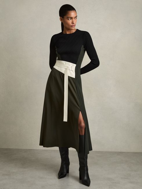 Reiss Khaki/Black Emilina Rib-Knit Panelled Belted Midi Dress