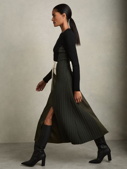 Reiss Khaki/Black Emilina Rib-Knit Panelled Belted Midi Dress