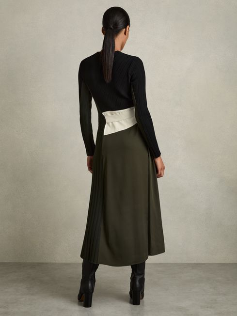 Reiss Khaki/Black Emilina Rib-Knit Panelled Belted Midi Dress