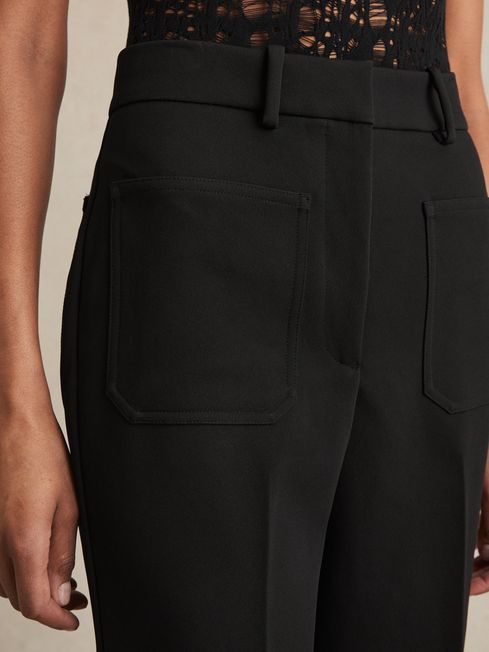 Reiss Black Priya Petite Twill High Rise Flared Trousers