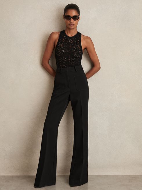 Reiss Black Priya Petite Twill High Rise Flared Trousers