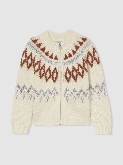 Reiss Cream Ella 9-13 yrs Zipped Fairisle Pattern Cardigan with Wool and Cashmere