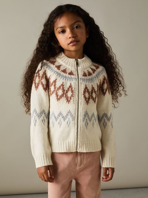 Reiss Cream Ella 9-13 yrs Zipped Fairisle Pattern Cardigan with Wool and Cashmere