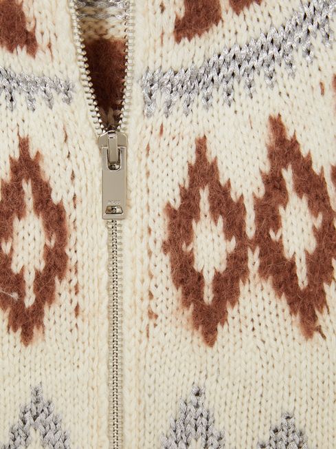 Reiss Cream Ella 9-13 yrs Zipped Fairisle Pattern Cardigan with Wool and Cashmere