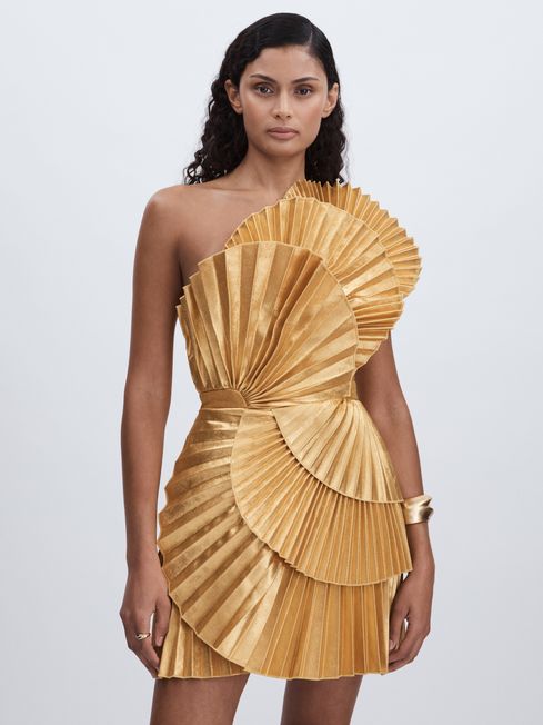 Acler Pleated Fan Metallic Mini Dress in Gold