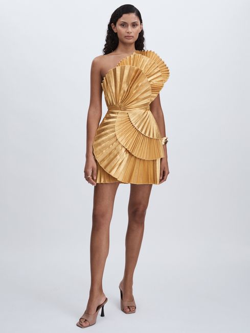 Acler Pleated Fan Metallic Mini Dress