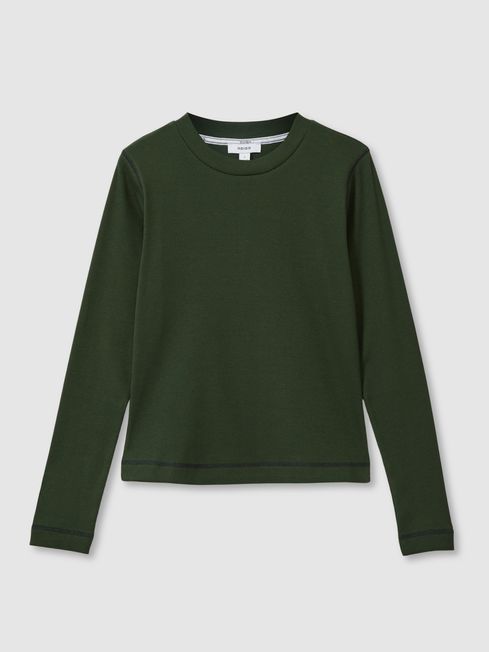 Reiss Green/Navy Marlie Cotton With Stretch Contrast-Stitch Top