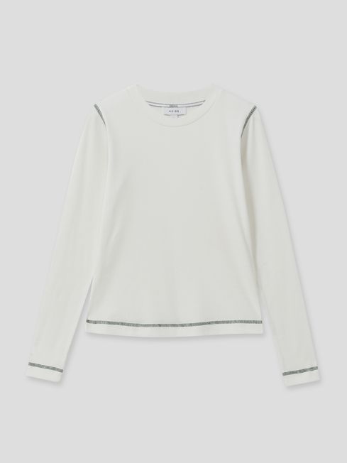 Reiss Ivory/Green Marlie Cotton With Stretch Contrast-Stitch Top
