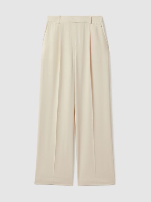 Reiss Cream Eden Elasticated-Waist Wide-Leg Twill Trousers