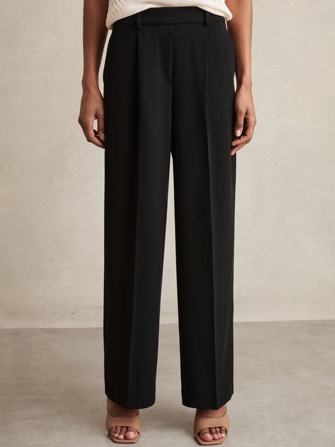 Reiss Black Eden Elasticated-Waist Wide-Leg Twill Trousers