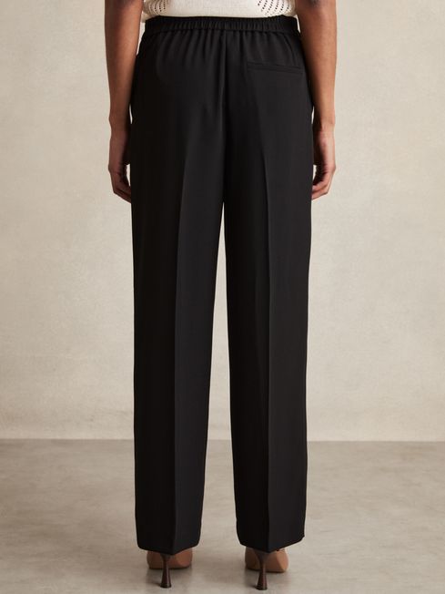 Reiss Black Eden Elasticated-Waist Wide-Leg Twill Trousers