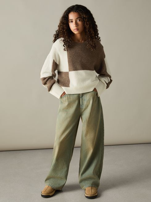 Reiss Brown Amie 9-13 yrs Colourblock-Intarsia Jumper with Wool and Alpaca