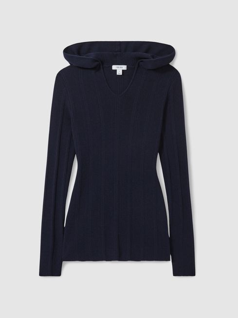 Wool Blend Rib Knit Hooded Jumper in Navy REISS Ireland