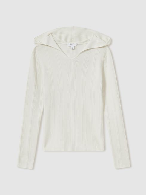 Reiss Cream Chloe Wool-Blend Rib-Knit Hooded Jumper