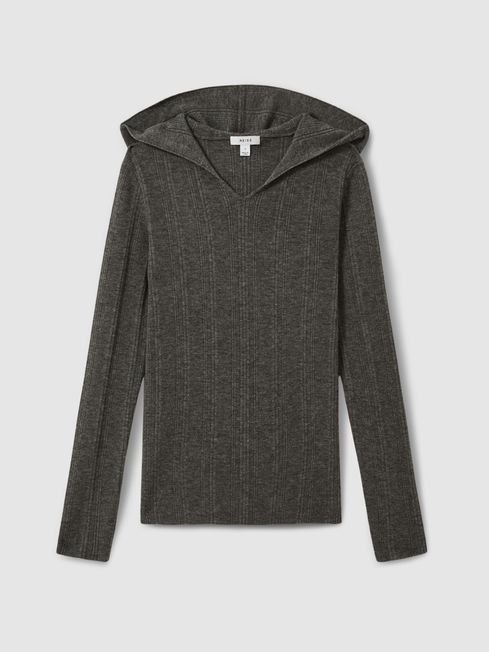 Reiss Charcoal Chloe Wool-Blend Rib-Knit Hooded Jumper