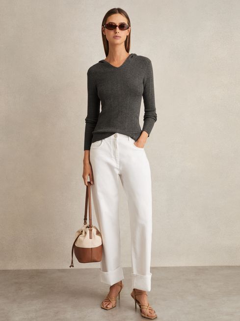 Reiss Charcoal Chloe Wool-Blend Rib-Knit Hooded Jumper