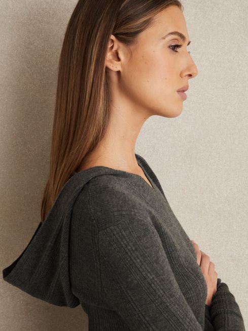 Reiss Charcoal Chloe Wool-Blend Rib-Knit Hooded Jumper