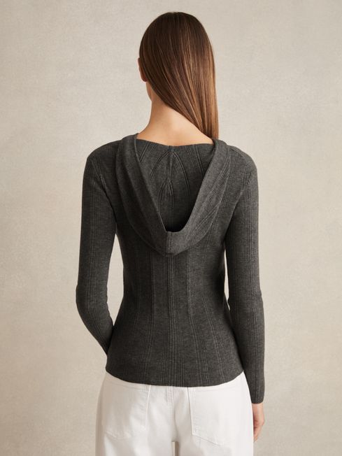 Reiss Charcoal Chloe Wool-Blend Rib-Knit Hooded Jumper
