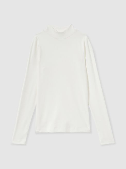 Reiss White Polly Fine-Ribbed High-Neck Top