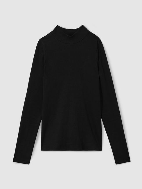 Reiss Black Polly Fine-Ribbed High-Neck Top