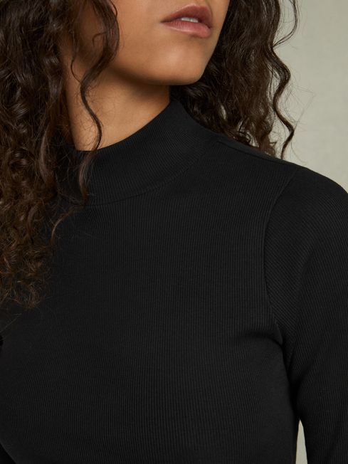 Reiss Black Polly Fine-Ribbed High-Neck Top