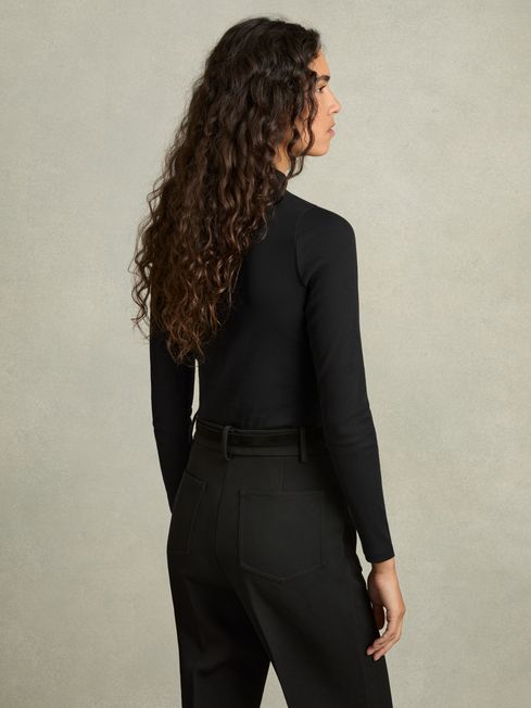 Reiss Black Polly Fine-Ribbed High-Neck Top