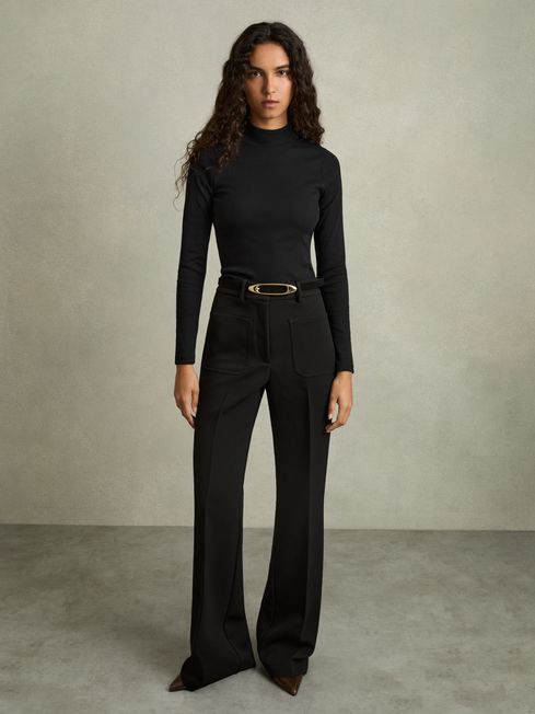 Reiss Black Polly Fine-Ribbed High-Neck Top
