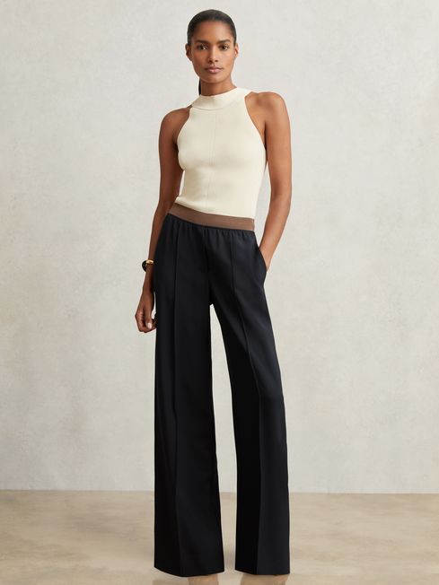 Reiss Navy Eden Elasticated-Waist Wide-Leg Twill Trousers