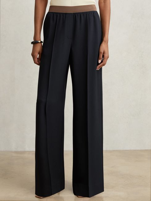 Reiss Navy Eden Elasticated-Waist Wide-Leg Twill Trousers
