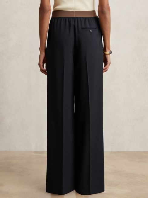 Reiss Navy Eden Elasticated-Waist Wide-Leg Twill Trousers