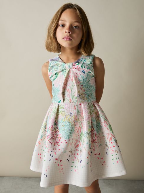 Reiss Pink Print Isabel 9-13 yrs Floral-Print Pleated Scuba Dress