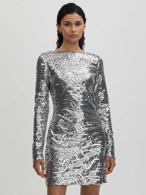 Halston Sequin Mini Dress in Silver
