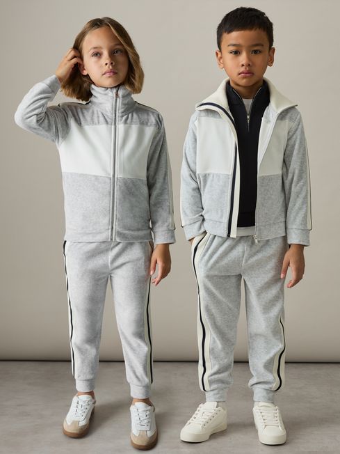 Reiss Grey Chance 4-9 yrs Velour Side-Stripe Tracksuit Joggers