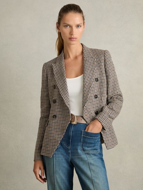 Reiss Navy Neutral Check Evie Cotton-Linen Double-Breasted Houndstooth-Check Blazer