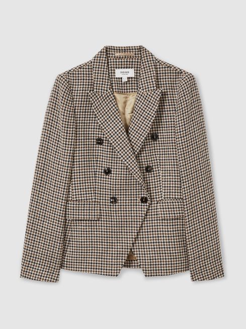 Reiss Navy Neutral Check Evie Cotton-Linen Double-Breasted Houndstooth-Check Blazer