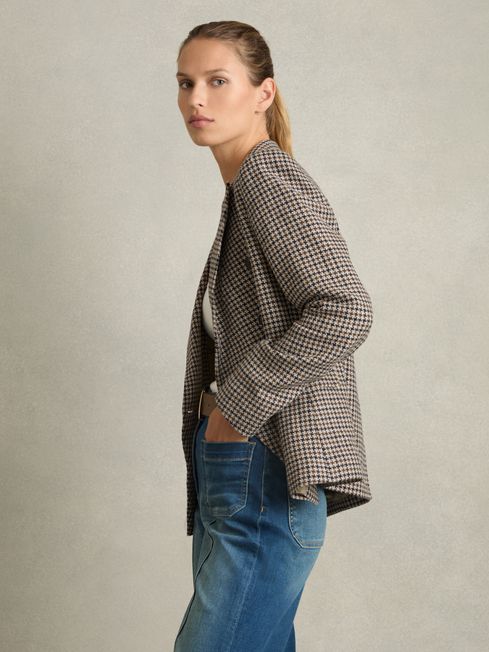 Reiss Navy Neutral Check Evie Cotton-Linen Double-Breasted Houndstooth-Check Blazer