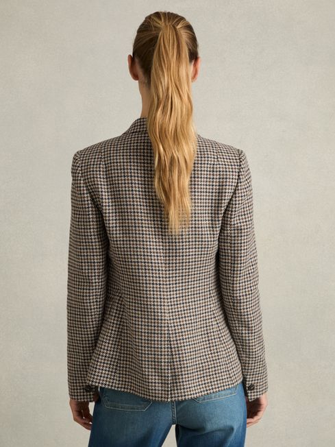 Reiss Navy Neutral Check Evie Cotton-Linen Double-Breasted Houndstooth-Check Blazer
