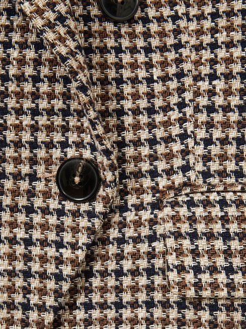 Reiss Navy Neutral Check Evie Cotton-Linen Double-Breasted Houndstooth-Check Blazer
