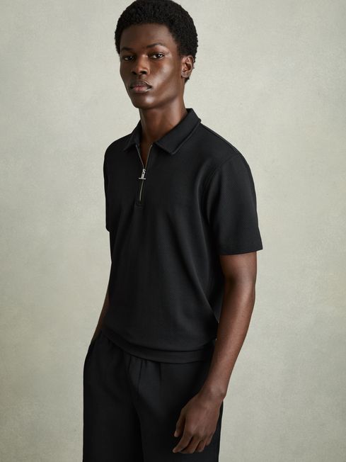 Reiss Black Albany Textured Half-Zip Polo Shirt