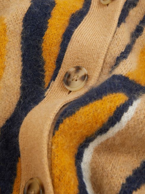 Wool Cashmere Intarsia Stripe Cardigan in Camel