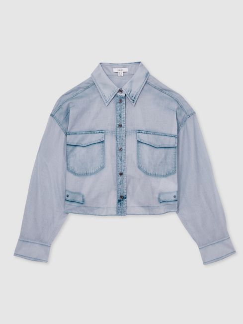 Reiss Blue Darcy Cotton Denim-Print Cropped Shirt