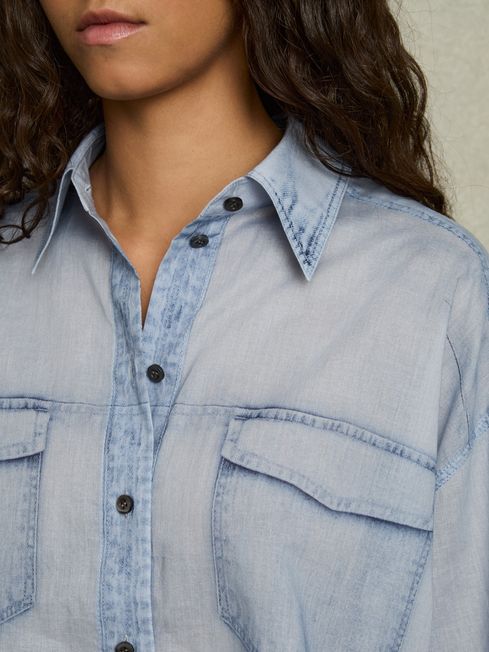 Reiss Blue Darcy Cotton Denim-Print Cropped Shirt